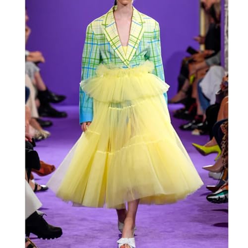 WDPL Women's Yellow A-line Tulle Ruffles Tiered Ankle Length See Thru Skirt2