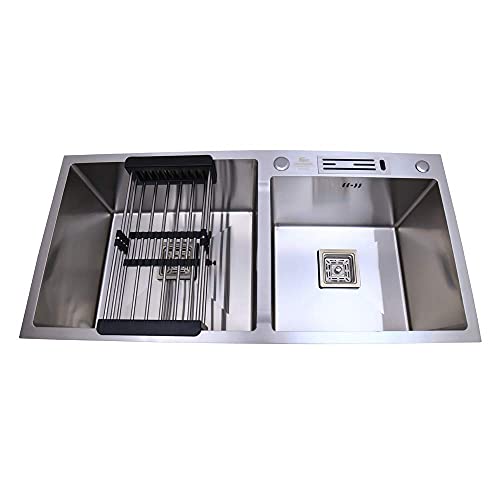 Image of CROCODILE 304 Grade 1.2 mm Stainless Steel Kitchen Sink, 37x18x10 Inch Double Bowl with Tap Provision, Brushed Steel Grey, Tap Provision, Sound-Dampening, Heavy Duty