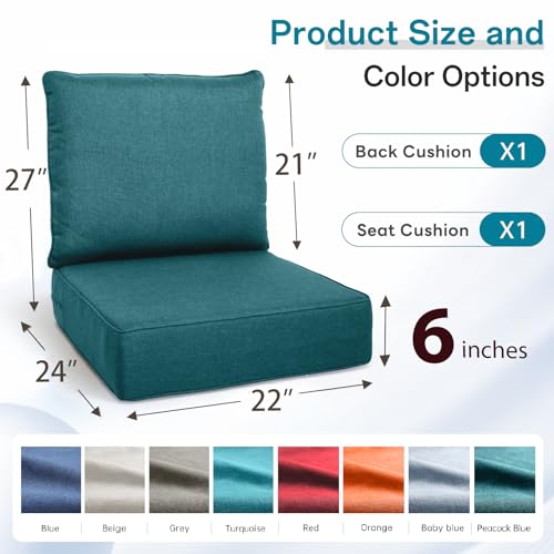 Image of Luxury 6 inch Thick Outdoor Cushion Set 9 - 22x24 Patio Furniture Cushions with 28D High-Density Foam, Water-Resistant & Fade-Resistant Fabric, Removable Covers for Patio Furniture Sofa - Peacock Blue