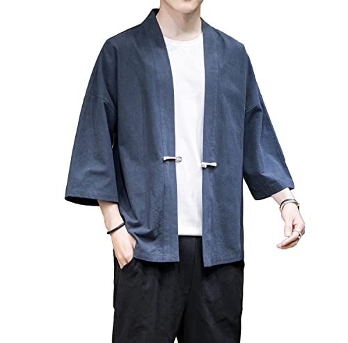Image of Mens Kimono Cardigan Cotton Linen Japanese Shirt 3 /4 Sleeve Haori Yukata | Skin-Friendly Solid Color Lightweight Shawl Collar Kimono Robe Embroidery Button Tie Pockets Happi Coat All Season Daily Wear