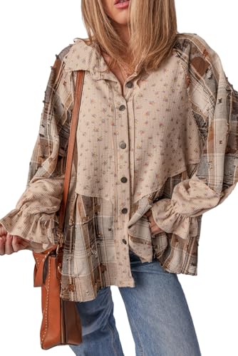 KevaMolly Waffle Knit Button Down Shirt for Women Ruffled Sleeve Boho Floral Plaid Patchwork Loose Boyfriend Shacket Tops Oatmeal L