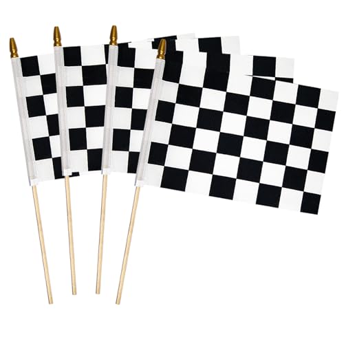 4 Pcs 8×12 inch Checkered Flag, Black and White Racing Flag on Wood Stick - Hand Held Stick with Kid-Safe Spear Top, Children's Party Decoration