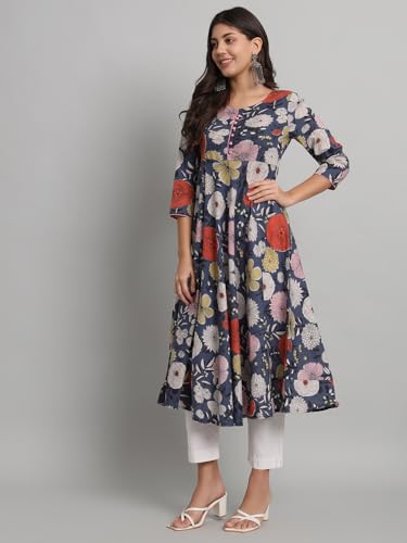 Image of Rapsodia Womens Cotton Green & Brown Floral Printed Flared Kurta