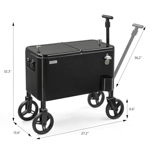 Image of VINGLI 80 Quart Wagon Rolling Cooler Ice Chest, w /Long Handle and 10 inch Wheels, Portable Beach Patio Party Bar Cold Drink Beverage, Outdoor Park Cart on Wheels