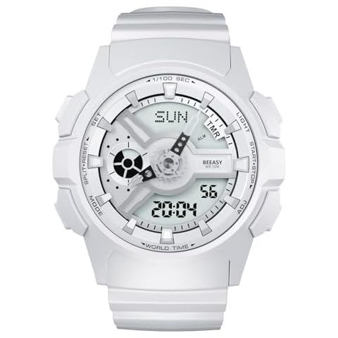 Beeasy Mens Watches Sports, Waterproof Military Watc with Stopwatch Alarm Countdown Dual Time Analog Digital Synchronised Display Watch for Men（White） Cover