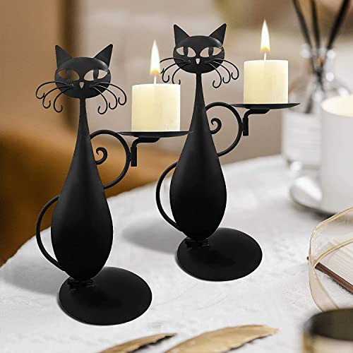 Beleda Black Cat Candle Holder Candlestick Set - Retro Rustic Farmhouse Metal Decor for Pillar and Flameless Candles - Ideal for Centerpieces, Dining Tables, and Housewarming Gifts (1)