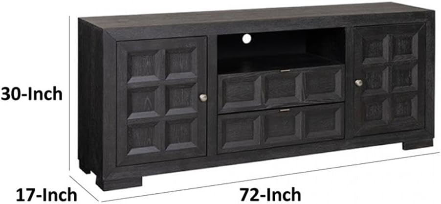 Pemberly Row 72 Inch TV Stand, Modern Black Wood, Deep Black Finish, Storage Drawers, Open Shelf, Cabinet Doors, Metal Finger Pulls, Wire Management, Contemporary Media Console for Living Room