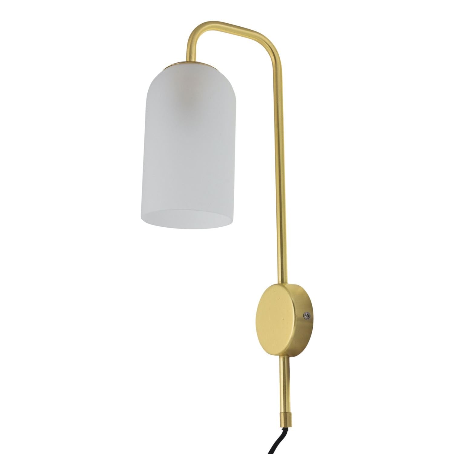 Firstchoicelighting Satin Brass & Frosted Satin Brass With Glass Shade Plug In Wall Light, Bedside Lamp, Black Cable And Switch, Led Compatible, Height 45Cm