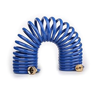 Lightweight EVA Coil 25 FT Garden Hose with 3/4″ GHT Solid Brass Fittings, Retractable Corrosion Resistant Water Hose with Brass Connectors, for Lawn, Car Washing (25FT, Blue)