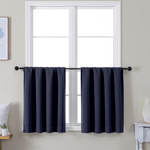 Image of Simplebrand Ava Navy Blue Short 30 Inches Blackout Curtain 2 Panels Set, Half Window Rod Pocket Privacy Curtain Tiers for Kitchen, Curtains Blackout for Bathroom Shades, W30 x L30 Inch, Navy Blue