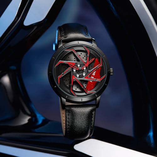 Image of FANMIS Men's Racing Car Wheel Watch 3D Spinning Dial Stainless Steel Watch | Creative 3D Spinning Car Quartz Large Skeleton Face and 30M Water Resistance Designed for Car Fans and Daily Wear.