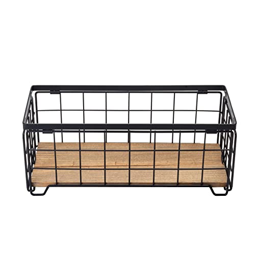 Metal Wire Storage Basket, Toilet Paper Roll Holder Wood Base Countertop Decor Box Toilet Tank Shelf Cabinet Organizer For Bathroom Pantry Garage Bedroom Livingroom - Black #TOP4