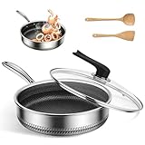 TECKZOON Sartén Profunda 28 cm con Tapa y Espátula de Madera, Acero Inoxidable SUS316 Antiadherente Natural sin Recubrimiento, Apta para Lavavajillas, Resistente hasta 260 °C