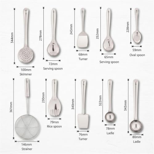 Image of Amazon Basics Stainless Steel Cooking Spoon Set 10 Pieces | Kitchen Utensil Set with Ladle, Turner, Strainer, Rice Spoon, Oval Spoon & Serving Spoons | Durable Food-Grade Steel | Rust Resistant | Easy to Clean | Hanging Design