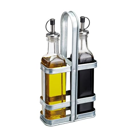 KitchenCraft Industrial Kitchen Vintage-Style Cruet Set with Galvanised Steel Bottle Stand, 13 x 7 x 28 cm (5" x 2.5" x 11") Cover