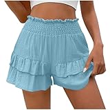 Ruffles Shorts Womens UK Sale Clearance Ladies Summer Smart Linen Shorts Solid Colour Pants Elastic Waist Beach Short Loose Hot Pants Office Work Going Out Bottoms Comfy Home Wear Plus Size