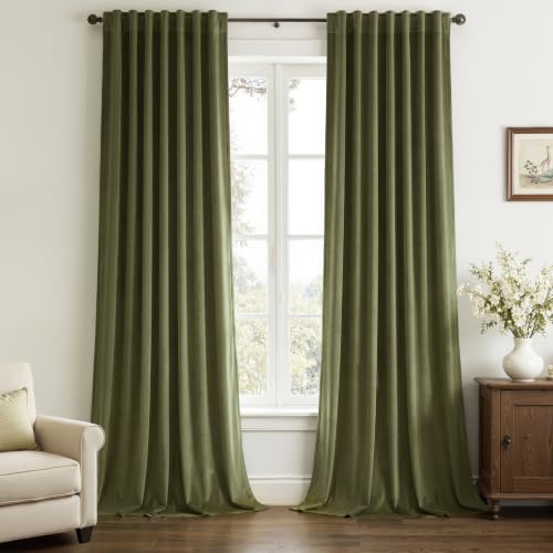 Topfinel Olive Green Velvet Blackout Curtains 84 Inches Long Soundproof Room Darkening Dark Green Forest Green Thermal Insulated Boho Elegant Moody Back Tab Curtains for Living Room Bedroom 2 Panels