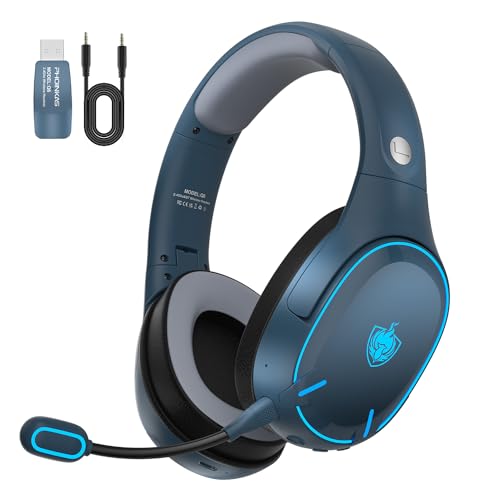 PHOINIKAS Q6 Gaming Headset Wireless, Bluetooth Headset mit Dual-Chips, Bluetooth 5.3 für Handy/Laptop, 2.4Ghz Dongle für PC/PS4/PS5/TV/Switch, Noise Cancelling Mikrofon, 30 Stunden Akku, LED Licht