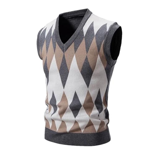 Men’S Fashion Argyle V-Neck Knitted Sweater Vest Slim Fit Casual Sleeveless Knitwear Pullover Tank Top
