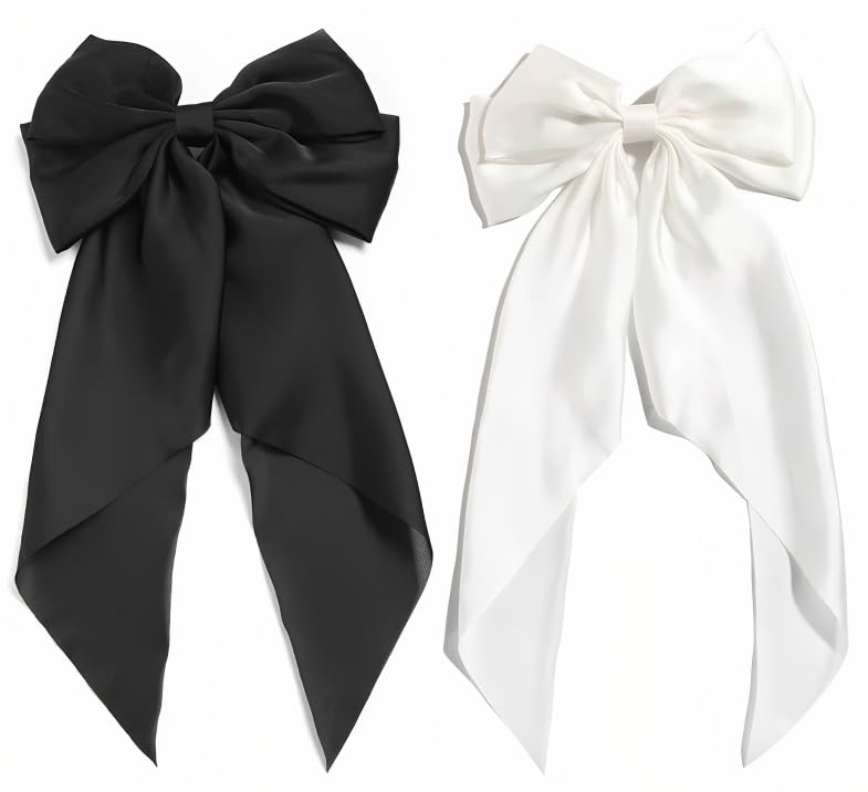 Image of Filter Fashion Big Satin Layered Hair Bows for Women and Girls 11.5 Inch Barrette Hair Clip Long Back Ribbon Bows French Style Hair Accessories (Black,White)