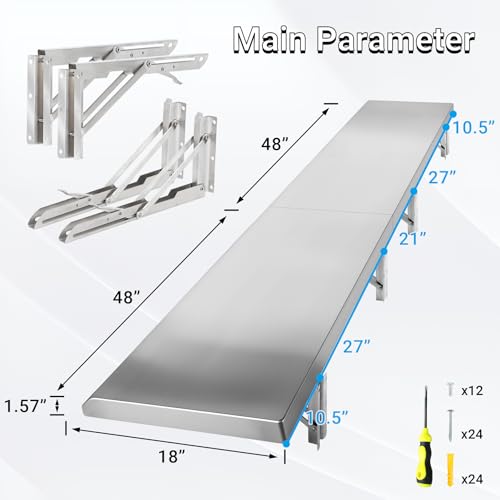 Image of Folding Concession Stand Shelf 18 inch x 96 inch Spliced Style for Kitchen | Stainless Steel Drop Down Serving Food Shelf, Easy to Clean & Space-Saving Concession Shelves for Garage, Food Cart