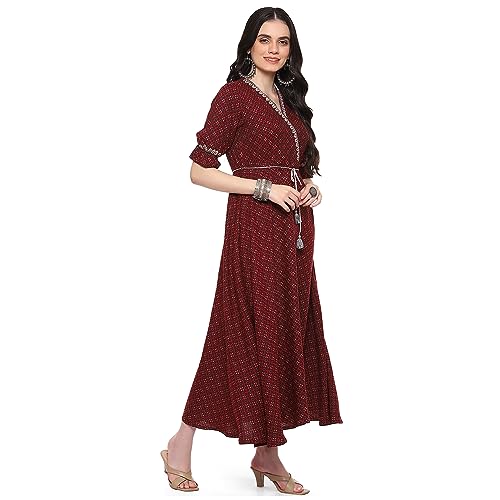 Image of Rangriti Maroon Cotton Blend Printed Dress for Women