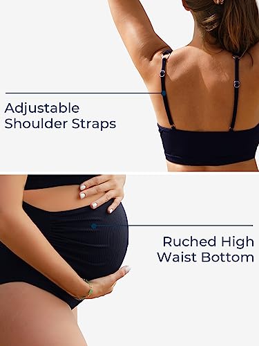 Summer Mae Maternity Ribbed High Waist Swimsuit Crop Top Bikini Bathing Suit High Cut Two Piece Pregnancy Swimwear Navy Large thumb #6