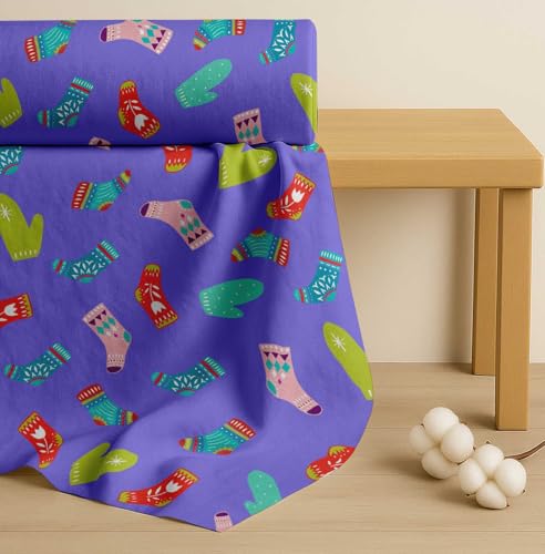 Image of Soimoi Purple Cotton Cambric Fabric Socks & Gloves Folk Art Print Sewing Fabric Meter 56 Inch Wide