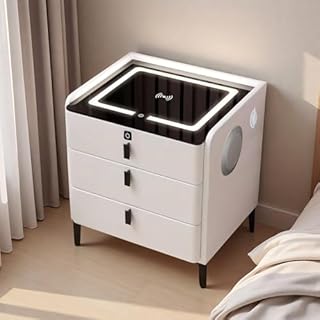 Smart Bedside Table with Wireless Charging, LED Light, Bluetooth Speaker & Fingerprint Lock, Modern 3 Drawer Bedside Table for Bedroom, Stylish Bed Side Table with Storage Drawers (1, White)