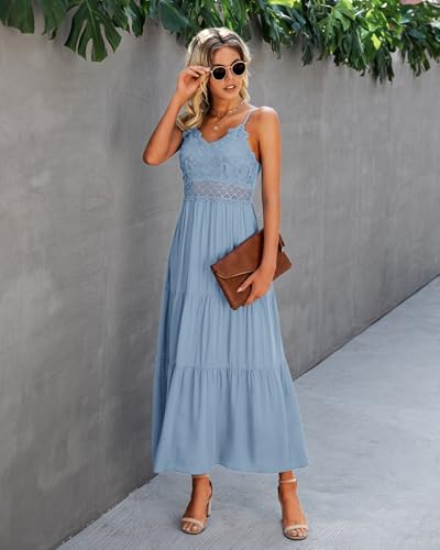 Image of Dokuritu Women's Beach Crochet Lace Maxi Dress Solid Color Summer Vacation Wedding Guest Spaghetti Strap Long Dress