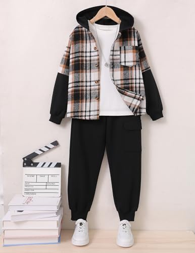 Image of 2Pcs Boys Clothes Sweatsuit Set Hoodie Flannel Plaid Shirt and Jogger Pants for Kids Fall Winter Spring Outfits