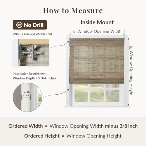 Image of TWOPAGES Customized Cordless No Drill Roman Blind for Indoor Windows Light Filtering Blackout Bamboo Shade Ramie Brown Roman Window Shade, 1 Piece