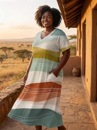 Image of Plus Size Maxi Dress for Women Short Sleeve V Neck Casual Loose Sundress with Pockets