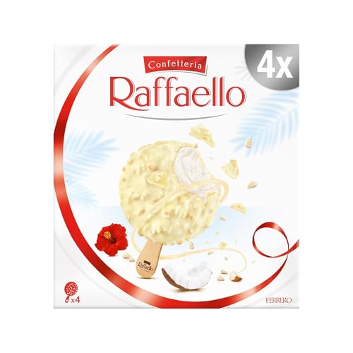 Raffaello Gelato - 4 Stecchi Gelato al Cocco con Copertura al Cocco e Granella di Mandorle, Ottimo a Merenda, Confezione da 188 Grammi