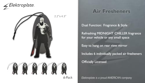 Image of Elektroplate Jason Voorhees Car Air Freshener 6-Pack | Officially Licensed Friday the 13th, Long-Lasting Midnight Chiller Scent, Vivid Graphics, Versatile Hanging Design
