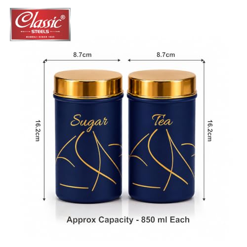 Image of Classic Steels Premium Long Tea & Sugar Canister Set (850ml) (Blue) | Airtight Kitchen Canisters Stainless Steel Storage Jars with Gold Lid & Label | Matte Finish Kitchen Storage Container Set