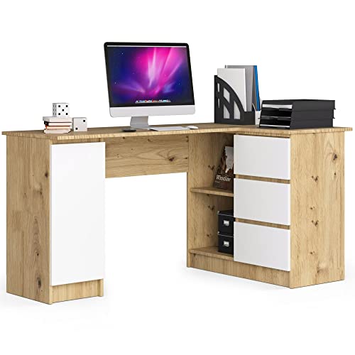 AKORD Bureau Ordinateur D`Angle B-20 | L155 x H77 x P85 60 kg | 3 Tiroirs 2 Étagères Étagère avec Porte | Grand Bureau de Chambre PC Desk Table | Chêne Artisanal