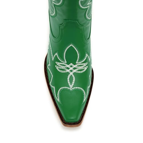 Image of Uillnoodu Women's Turquoise Cowgirl Boots - Wide Calf Mid Calf Western Boots Plus Size Embroidered Cowboy Style with Block Heel