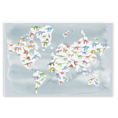 Watercolor World Map Dinosaur, 13 x 19 Inch Mounted Print on Wall Plaque