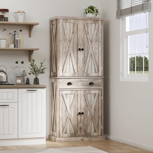 YITAHOME 72'' Tall Kitchen Pantry, Farmhouse Kitchen Storage Cabinets with Barn Doors, Drawer and Adjustable Shelves, Wood Cupboard for Dining Room, Living Room, Light Rustic