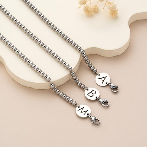 Image of Initial Cross Silvery Bracelets for Women Trendy, Initials Cross Charm Beaded Bracelet, Christian Gifts for Women, Baptism Confirmation Christmas Inspirational Gifts for Mom Daughter Friend Sister