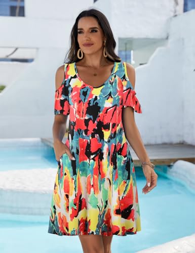 Image of JollieLovin Womens Plus Size Short Sleeve Cold Shoulder V Neck T-Shirt Dress with Pockets