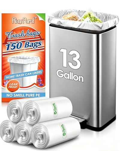 13 Gallon 150 Counts (fit 12-15 Gal) Strong Tall Kitchen Trash Bags Garbage Bags by RayPard fit 50 Liter Waste Basket Trash Can Liners for Home Office Bathroom Bedroom Clear