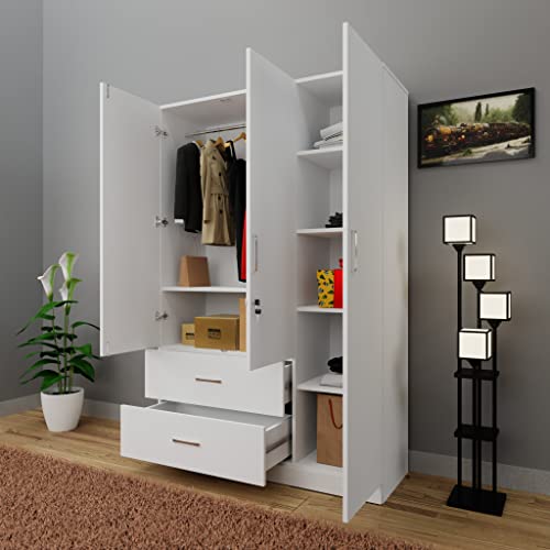 Image of VIKI Wardrobe | Wooden Almirah for Clothes,Door for Bedroom, 3 Door Wardrobe with Drawer & Hanging Space (Frosty White - 40D x 120W x 180H) | 1 Year Warranty | Free Assembly