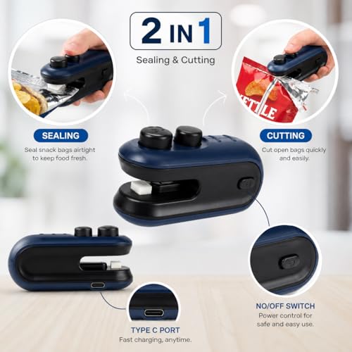 Image of MODORA 2-in-1 Mini Sealing Machine with Cutter - Handheld Heat Sealer & Packet Sealer for Food, Chips, Snacks | USB Type-C Rechargeable, Magnetic, Airtight Seal | No Preheating + 2 WALL HOOKS