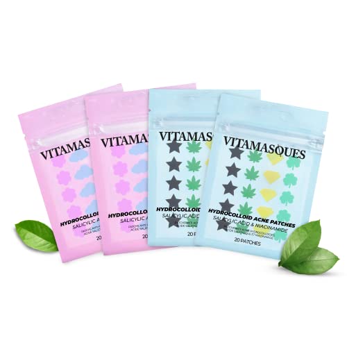 Vitamasques Acne Patch Face Mask Set, 4-Pack - Hydrocolloid Patches 80 Count (Salicylic & Tea Tree, Salicylic & Niacinamide) - Korean Skin Care - Reduce Oil Build-Up for Blackheads