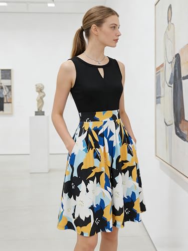 Image of Sureple Women's Retro Sleeveless Swing Casual Work Summer Party Dress with Pockets