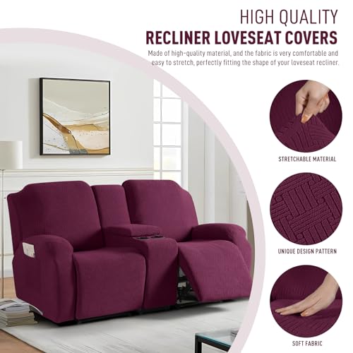 Image of KinCam Loveseat Recliner Covers with Middle Console Slipcover, Recliner Sofa Covers 2 Seat Couch Cover Stripe Jacquard Furniture Protector Covers with Elastic Bottom for Kids, Pets (Burgundy)