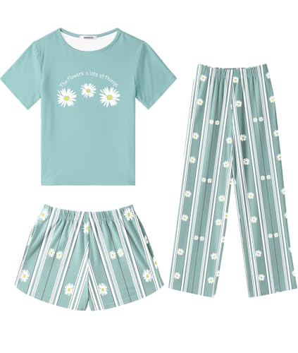 SWOMOG Girls Pajamas Sets 3 Piece Short Sleeve Sleepwear Summer Cute Pjs Cartoon Print Loungewear for Kids Size 6-15