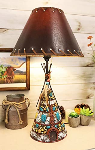 Ebros Gift Country Southwestern Rustic Indian Teepee Hut With Dreamcatcher Feathers And Turquoise Rocks Hand Painted Desktop Table Lamp With Brown Faux Leather Laced Shade Western Home Decor Accent #TOP17